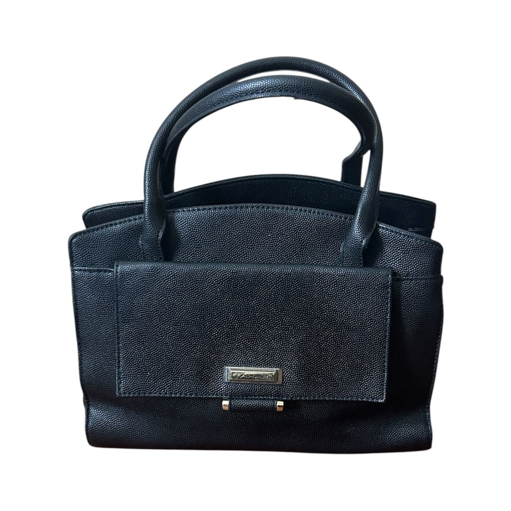 TAHARI Barbie Satchel Handbag Black Pebbled Faux Leather Triple Compartment